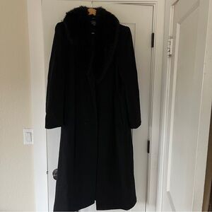 Harold’s Long Black Wool Trench with Faux Fur collar Size 10.